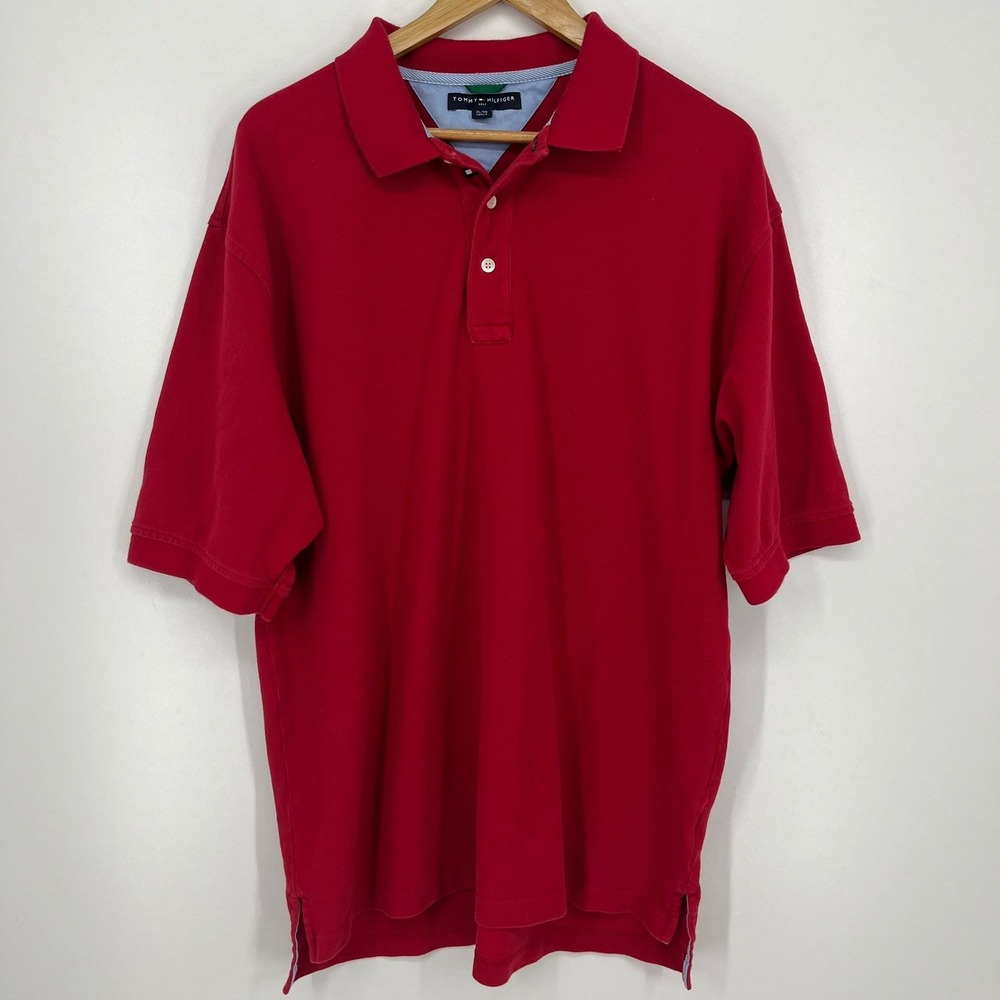 Tommy Hilfiger Golf Mens XL Red Pique Cotton Short Sleeve Polo Shirt Vtg